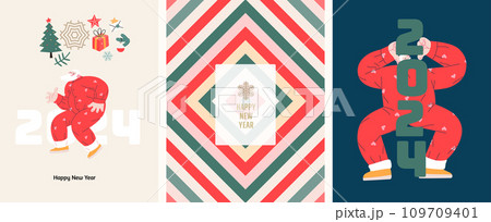 Christmas postcards with Santa Claus - modern flat vector concept illustrations of the Christmas and New Year symbols, vertical postcards set Christmas postcards with Santa Claus - modern flat vector concept illustrations of the Christmas and New Year symbols, vertical postcards set 109709401