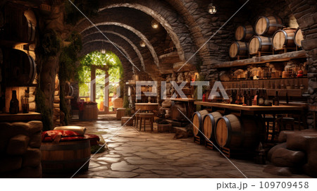 Vintage bar with wooden barrels in old wine cellar. Perspective inside luxury storage of winery. Concept of vineyard, viticulture, production, interior, wood, background 109709458