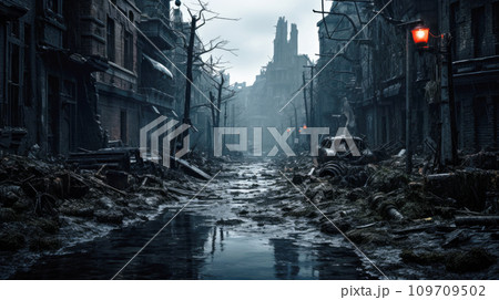 Post apocalypses view of destroyed city street at dusk. Futuristic apocalyptic scenery of buildings, rubbles and ruins in twilight. Concept of war, destruction, background, future 109709502