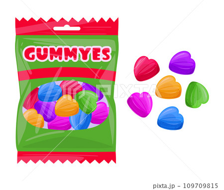 Cartoon jelly candies. Chewy heart shaped marmalade package, fruit flavored sweets in plastic bag flat vector illustration. Tasty jelly sweets pack Cartoon jelly candies. Chewy heart shaped marmalade package, fruit flavored sweets in plastic bag flat vector illustration. Tasty jelly sweets pack 109709815