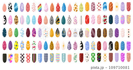 Ideas of nails design art. Bright colorful manicure set. Colorful glossy decorative polish collection with texture and print for finger nail. 109710081