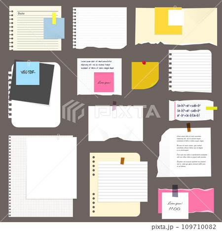 Paper notes, stickers, sticky sheets and tape. Blank notepaper of meeting reminder, to do list and office notice or information board with appointment notes. Paper notes, stickers, sticky sheets and tape. Blank notepaper of meeting reminder, to do list and office notice or information board with appointment notes. 109710082