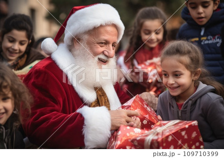 AI-generated content. Santa Claus giving christmas gift to children with comeliness 109710399