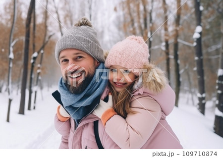 AI-generated content. Happy family having fun while travel outdoor in winter comeliness 109710874