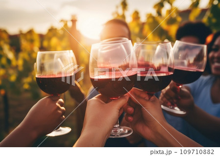 AI-generated content. Group of friends gathering for wine tasting in countryside vineyard comeliness 109710882