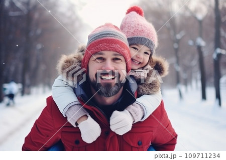 AI-generated content. Happy family having fun while travel outdoor in winter comeliness 109711234