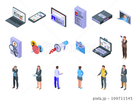 Online recruitment icons set. Isometric set of online recruitment vector icons for web design isolated on white background Online recruitment icons set. Isometric set of online recruitment vector icons for web design isolated on white background 109711545