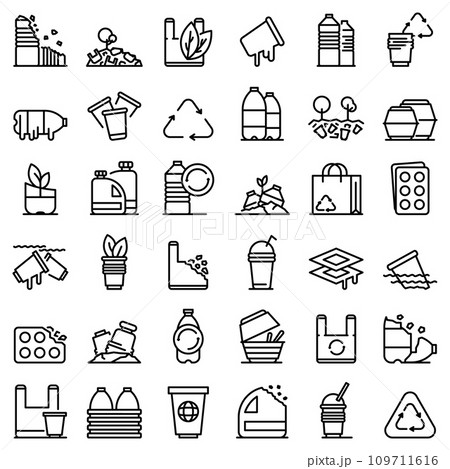 Biodegradable plastic icons set. Outline set of biodegradable plastic vector icons for web design isolated on white background Biodegradable plastic icons set. Outline set of biodegradable plastic vector icons for web design isolated on white background 109711616