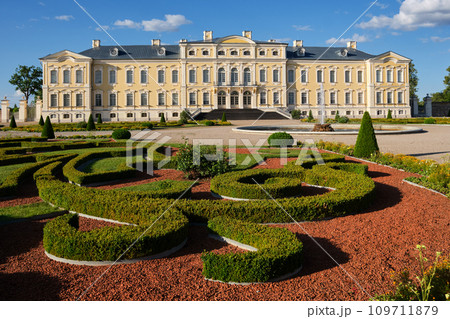Latvian tourist landmark attraction - Rundale palace and french garden, Pilsrundale, Latvia. Latvian tourist landmark attraction - Rundale palace and french garden, Pilsrundale, Latvia. 109711879