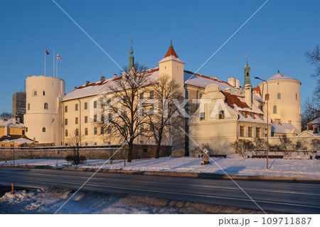 Old town of Riga - medieval Riga castle in the winter. Latvian presidential residence. Riga, Latvia. 109711887
