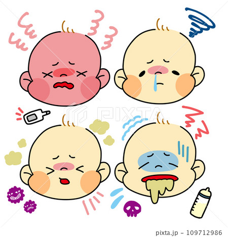 体調不良で具合の悪い赤ちゃんのイラストのイラスト素材 [109712986 