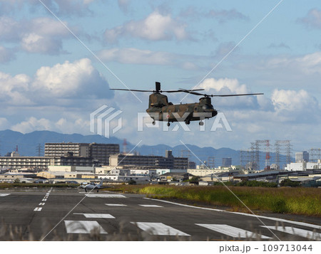 八尾空港上空を飛ぶ陸上自衛隊のCH-47JAチヌーク 109713044