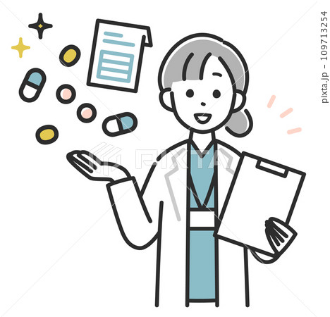 薬の説明をする女性薬剤師 109713254