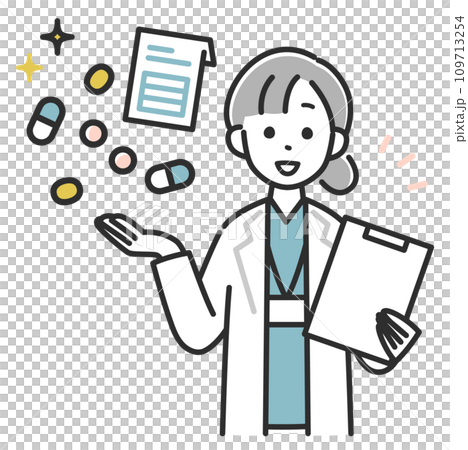 薬の説明をする女性薬剤師 109713254
