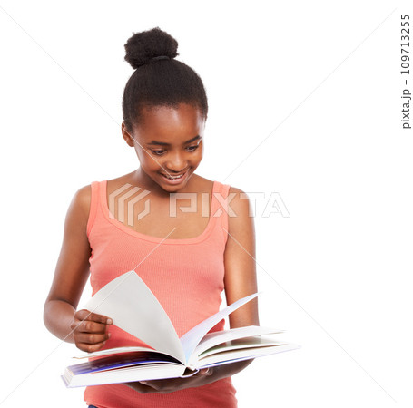 Thinking, black girl and reading a book with a smile, education and knowledge isolated on a white studio background. African person, kid and model with information, hobby and activity with student 109713255