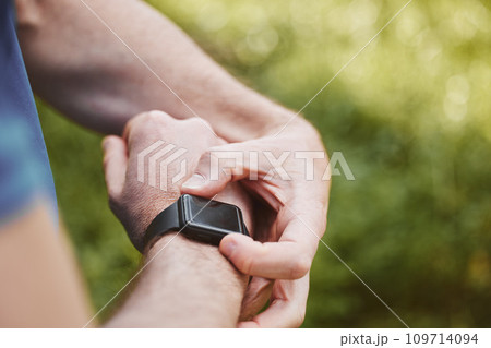 Hands, runner and check smart watch in park for steps, data or time app with results, fitness or nature. Person, iot clock or monitor for speed, heart rate or reading for exercise, workout or health Hands, runner and check smart watch in park for steps, data or time app with results, fitness or nature. Person, iot clock or monitor for speed, heart rate or reading for exercise, workout or health 109714094
