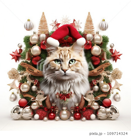 AI-generated content. Joyful 3D Christmas Cat wearing antlers and surrounded by holiday decorations Generative AI 109714324