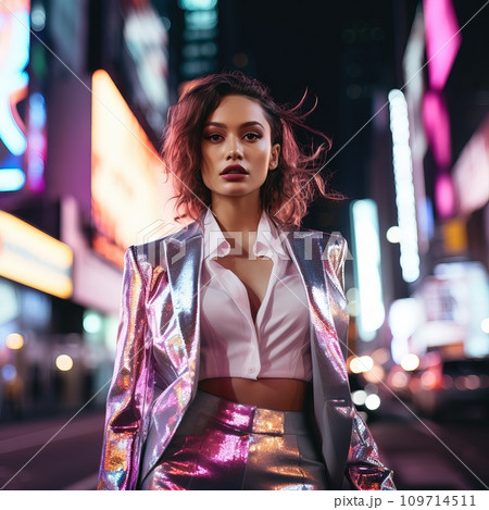 AI-generated content. cinematic still shot full body of a beautiful woman walking in a small Street of new York generative AI 109714511