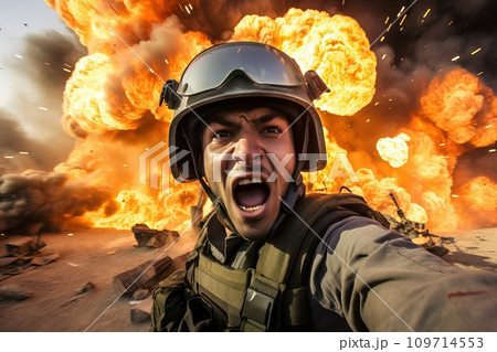 AI-generated content. Selfie Soldier with a helmet and a weapon in action with a explosion in Iraq Generative AI 109714553