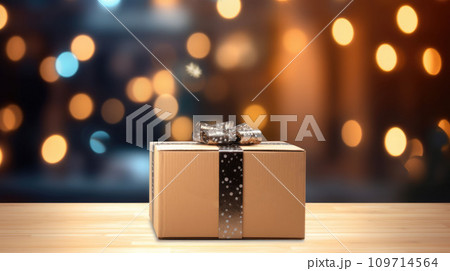 Delivered parcel box under Christmas tree. Christmas online shopping. Black Friday sale. 109714564