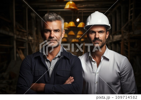 AI-generated content. medium shot of engineer and architect looking at camera, with copy space beautiful background 109714582