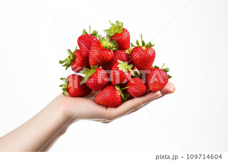 AI-generated content. Vibrant strawberries gently gripped in hand against a leafy background Generative AI 109714604