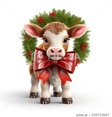 AI-generated content. Playful 3D Christmas Calf with a red bow and a wreath around its neck on a white background Generative AI 109714607