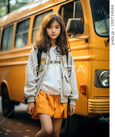 AI-generated content. Cute smiling asian girl standing near yellow school bus outdoors Generative AI 109714666