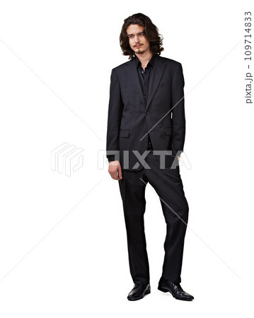 Fashion suit, thinking and studio man planning outfit choice, formal attire or decision for fancy, elegant or classy apparel. Smart clothes, mockup space or stylish model isolated on white background 109714833