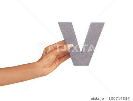 Hands, font and capital letter V in studio isolated on a white background mockup space. Fingers, alphabet and closeup of sign for typo, communication or learning language, character or uppercase icon 109714837