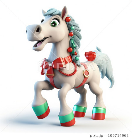AI-generated content. Playful 3D Christmas Horse Character wearing jingle bell reins on a white background Generative AI 109714962