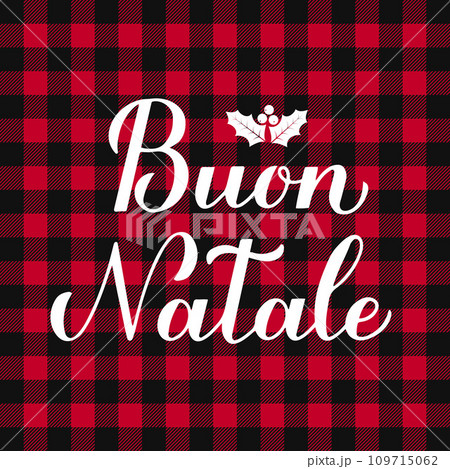 Buon Natale calligraphy hand lettering on red buffalo plaid background. Merry Christmas typography poster in Italian. Vector template for greeting card, banner, flyer, invitation, etc. 109715062