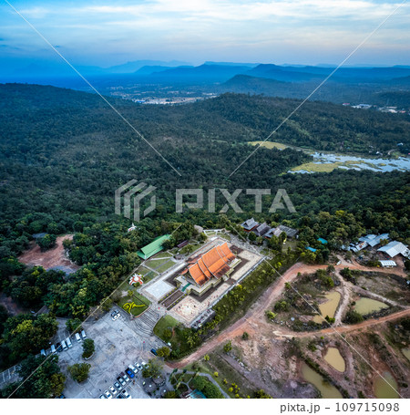 Aerial view of Wat Sirindhorn Wararam glowing temple in Ubon, Thailand 109715098