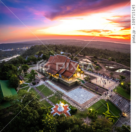 Aerial view of Wat Sirindhorn Wararam glowing temple in Ubon, Thailand 109715145