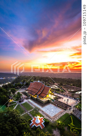 Aerial view of Wat Sirindhorn Wararam glowing temple in Ubon, Thailand 109715149