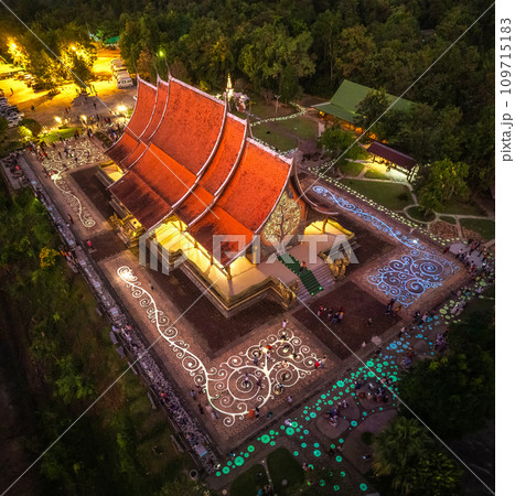 Aerial view of Wat Sirindhorn Wararam glowing temple in Ubon, Thailand 109715183