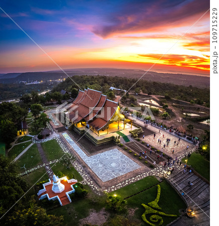 Aerial view of Wat Sirindhorn Wararam glowing temple in Ubon, Thailand 109715229