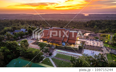 Aerial view of Wat Sirindhorn Wararam glowing temple in Ubon, Thailand 109715244