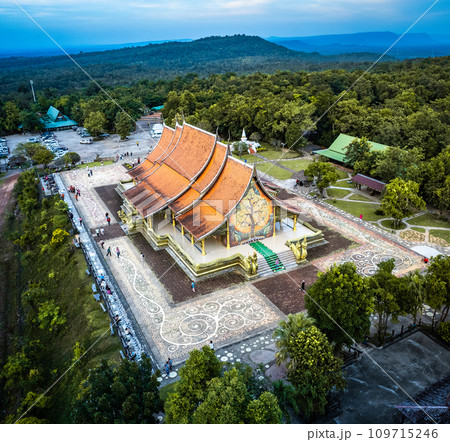 Aerial view of Wat Sirindhorn Wararam glowing temple in Ubon, Thailand 109715246