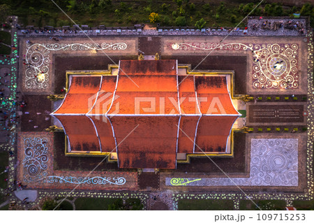 Aerial view of Wat Sirindhorn Wararam glowing temple in Ubon, Thailand 109715253