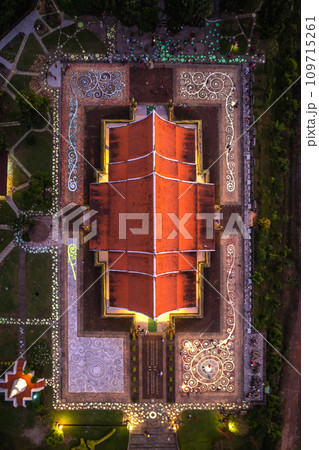 Aerial view of Wat Sirindhorn Wararam glowing temple in Ubon, Thailand 109715261