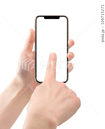人差し指でスマホをタッチ操作する_タップ_スワイプ(白画面/白背景) 人差し指でスマホをタッチ操作する_タップ_スワイプ(白画面/白背景) 109715271