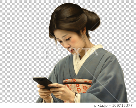 スマホを見る着物の女性　イラスト 109715377