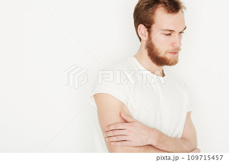 Thinking, white background and man with thoughtful, contemplation and brainstorming ideas. Fashion, problem solving and isolated person in trendy clothes, style and outfit with choice or decision 109715457
