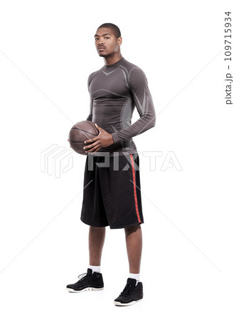 Fitness, serious and portrait of black man with basketball, confidence and muscle workout challenge. Sports wellness, health and professional athlete standing with ball isolated on white background. Fitness, serious and portrait of black man with basketball, confidence and muscle workout challenge. Sports wellness, health and professional athlete standing with ball isolated on white background. 109715934