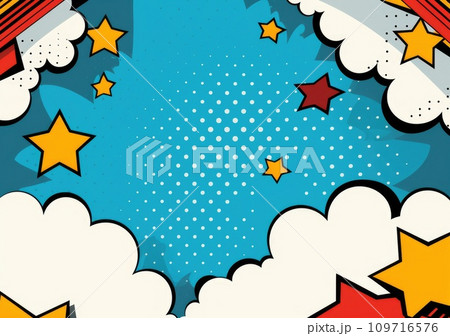 Colorful comic book background with blank white speech bubbles of different shapes. 109716576