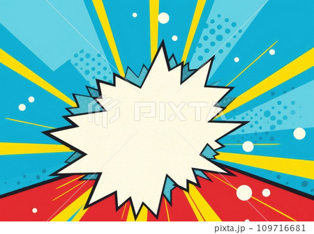 Pop art halftone background. Comic starburst pattern. Blue banner with star speech bubble 109716681