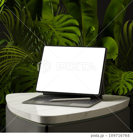 iPad mockup with a Black background showcasing a podium and monstera plants. 109716768