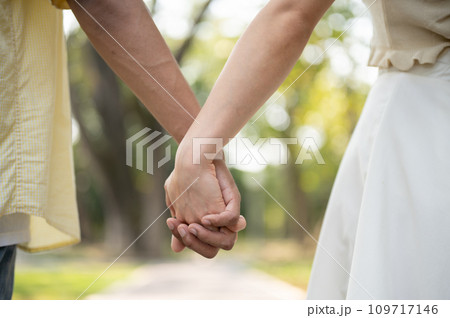 Close-up image of a young lovely couple holding hands while walking in a green park on a bright day. Close-up image of a young lovely couple holding hands while walking in a green park on a bright day. 109717146