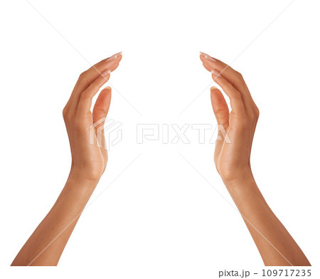 Hands, skincare closeup and beauty, manicure and isolated on a white studio background mockup. Fingers, spa and model with nails, cosmetics or healthy treatment, dermatology or wellness on copy space 109717235